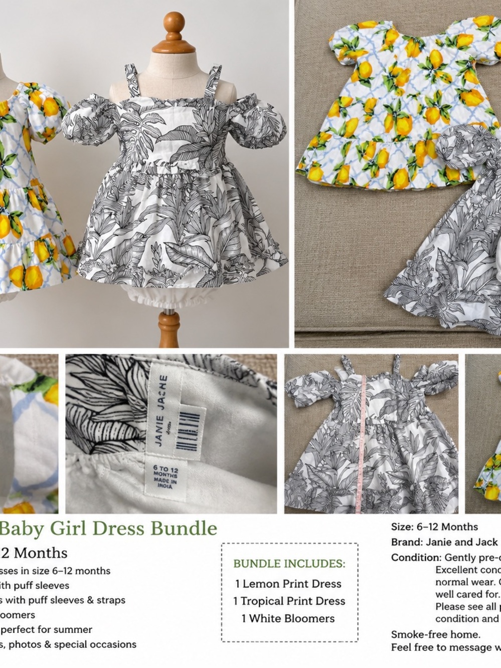 Janie and Jack Baby Girl Dress Bundle 6-12 Months Lemon Tropical Bloomers Set